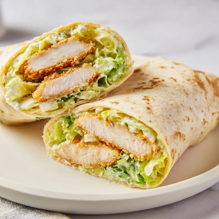 A freshly assembled Crispy Chicken Caesar Wrap ready to eat, garnished with black pepper and a lemon wedge.