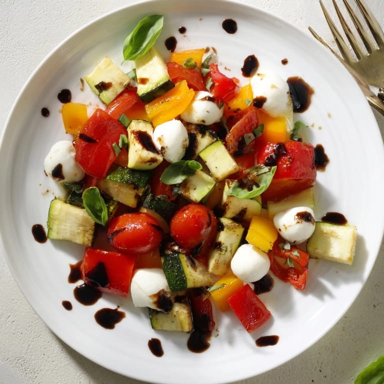 A warm, vibrant Roasted Veggie Caprese Salad served with torn basil leaves on a rustic platter.