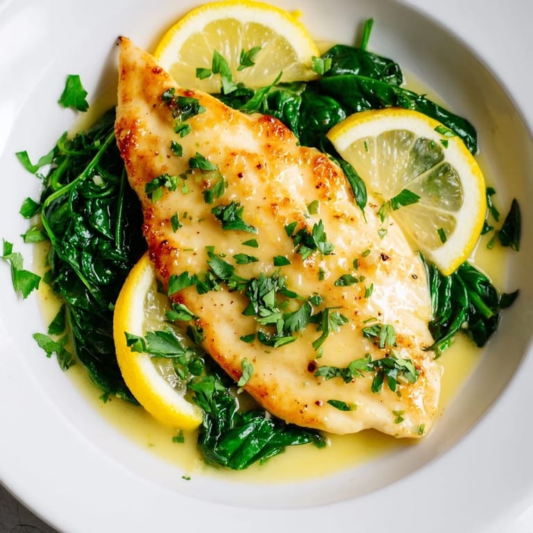 A close-up of tender spinach lemon butter chicken, drizzled with bright lemon-butter sauce and capers.