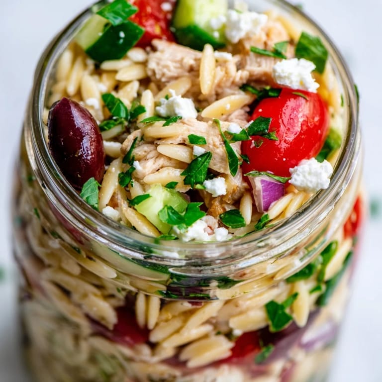 Bright Mediterranean ingredients in a jar: seasoned orzo, juicy chicken, crisp veggies, and feta in a Greek Pasta Chicken Salad.