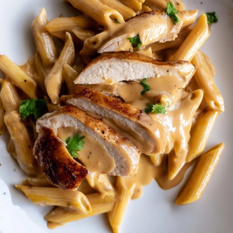 Close-up of Honey Chipotle Chicken Pasta, highlighting glossy, sweet and spicy sauce clinging to penne and juicy chicken slices.