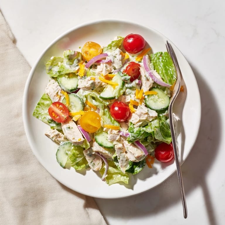 Fresh Jalapeño Ranch Chicken Salad in a rustic bowl, topped with crunchy tortilla strips and drizzled with creamy green dressing.