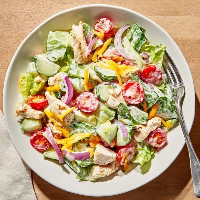 Close-up of Jalapeño Ranch Chicken Salad, highlighting juicy chicken, diced cucumbers, and red onion tossed in a zesty ranch dressing.