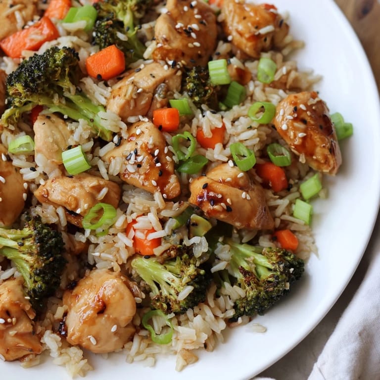 Serving suggestion for One Pan Honey Garlic Chicken Broccoli Rice garnished with sesame seeds and fresh green onions on a rustic plate.