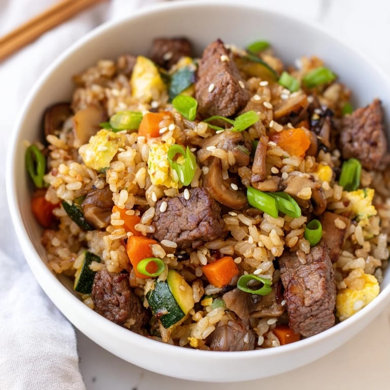 Easy Hibachi Steak With Fried Rice showcases juicy steak pieces, fluffy jasmine rice, and crisp veggies, perfect for a family weeknight dinner.  