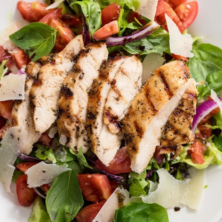 Heirloom tomatoes and fresh basil crown grilled chicken breasts over a bed of arugula in this colorful Bruschetta Chicken Salad.