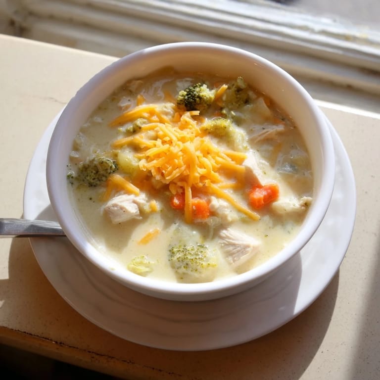 Steaming bowl of Chicken Broccoli Cheddar Soup with tender chicken pieces, bright broccoli florets, and melted sharp cheddar cheese.