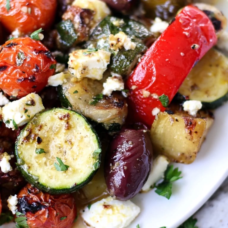 Roasted Greek salad with juicy tomatoes and olives tossed in a zesty lemon dressing.