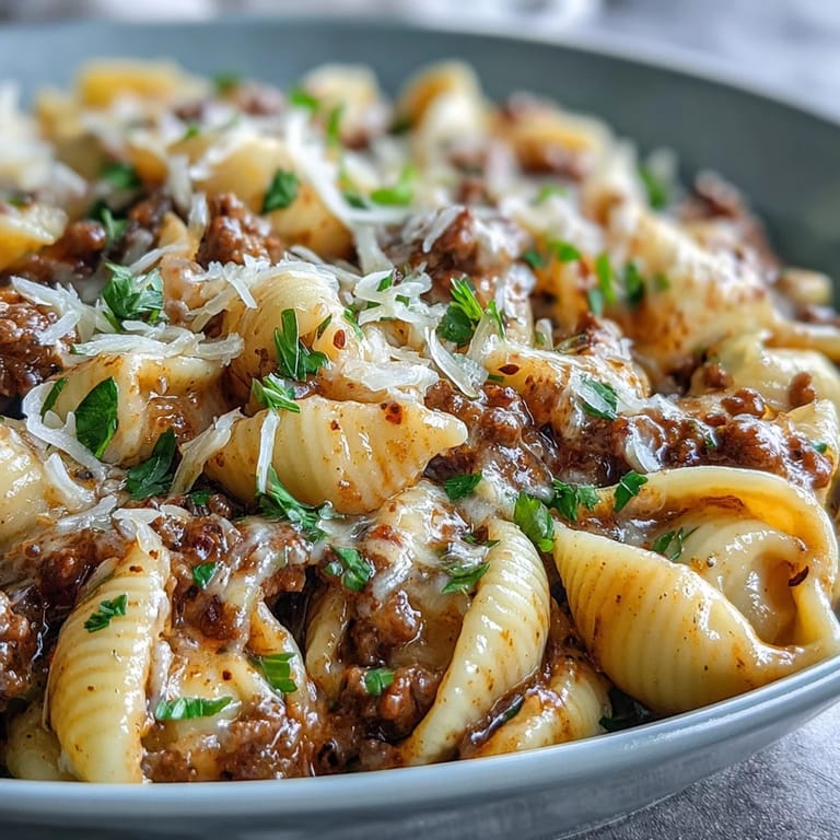 Hearty one pot creamy beef and shells, a comforting weeknight meal.