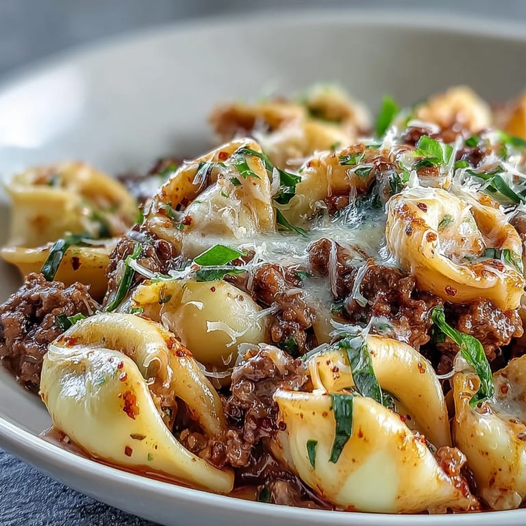 A close-up of cheesy, savory one pot creamy beef and shells.