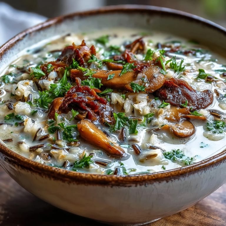 Spoon lifting rich, creamy Wild Rice Mushroom Soup topped with fresh herbs and tender mushrooms.