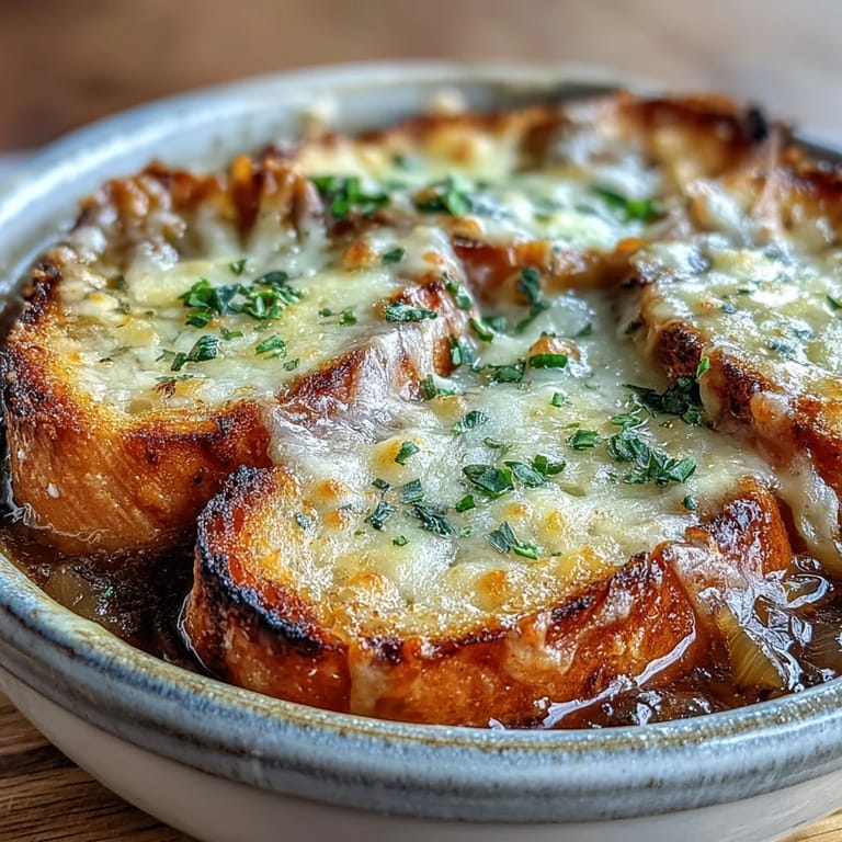 A rustic crock of French Onion Soup, its cheesy bread crust pulling into strings.