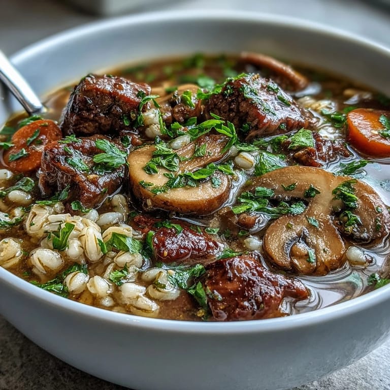 Spoon lifting hearty Beef and Barley Soup with Mushrooms, rich broth showing pancetta and carrots.