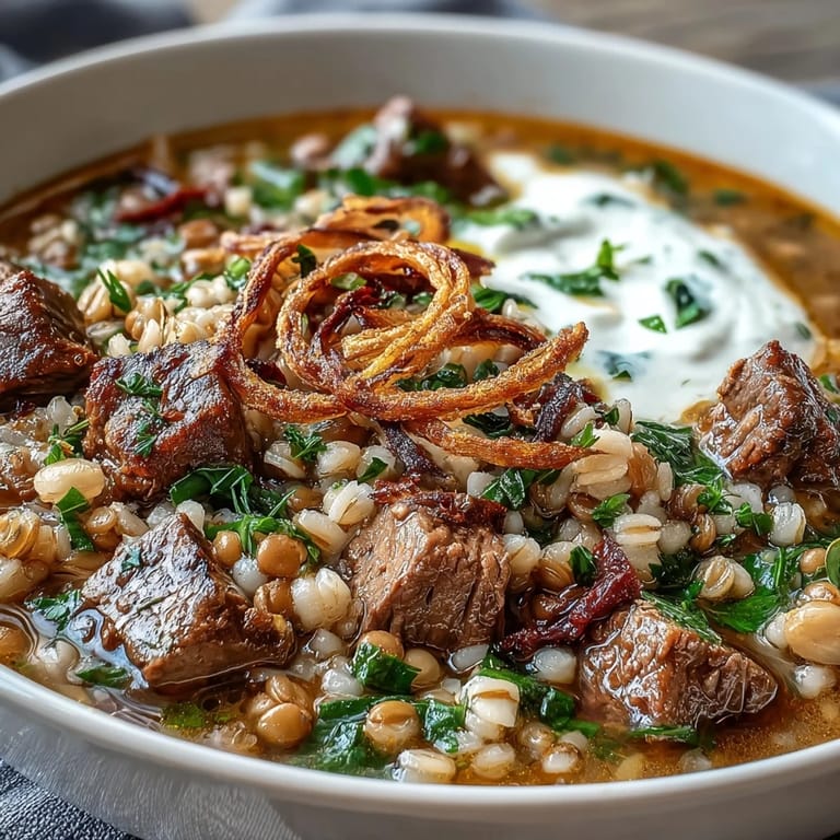 Ladled Beef Barley Soup featuring tender beef, pearl barley, and aromatic herbs, served hot with crusty bread.