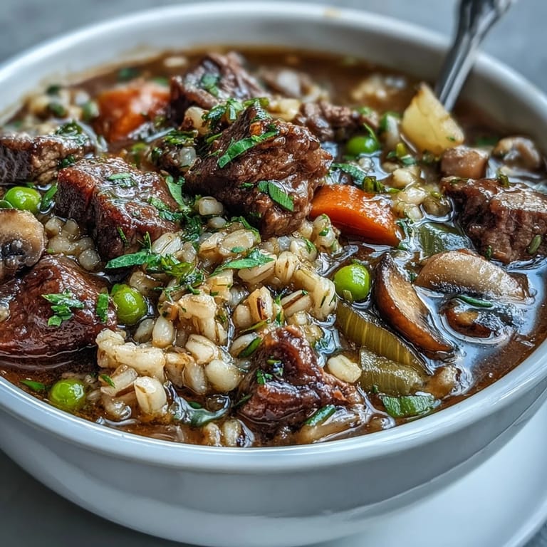 Beef and Barley Soup topped with fresh parsley alongside a spoon and red wine, ready for a cozy dinner.