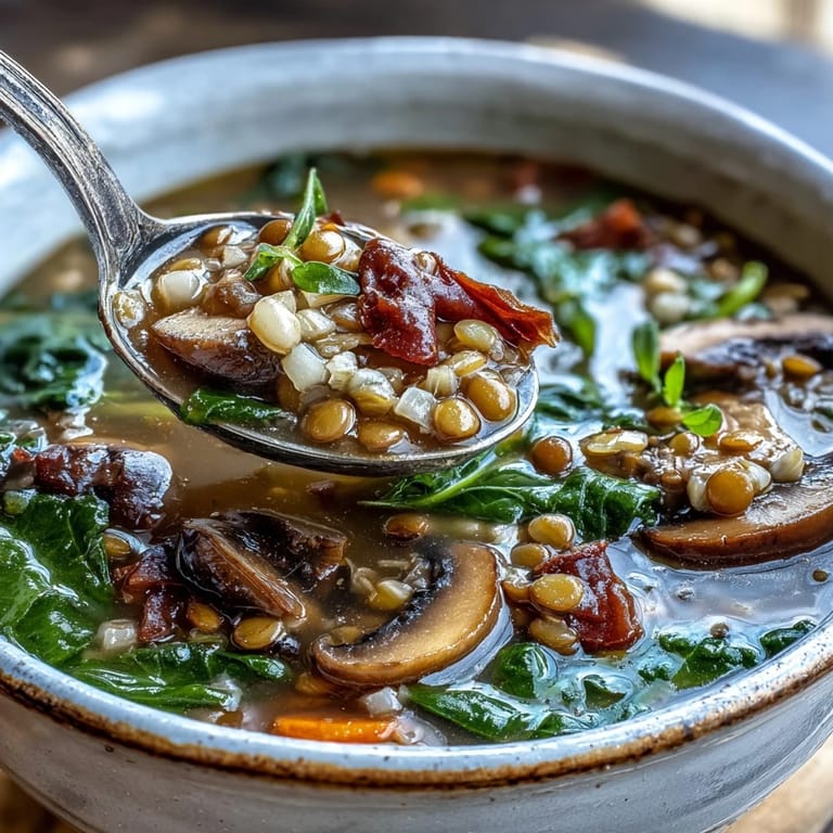Serving of Double Lentil and Mushroom Barley Soup beside crusty whole-grain bread, perfect for a cozy, nutritious vegan meal.