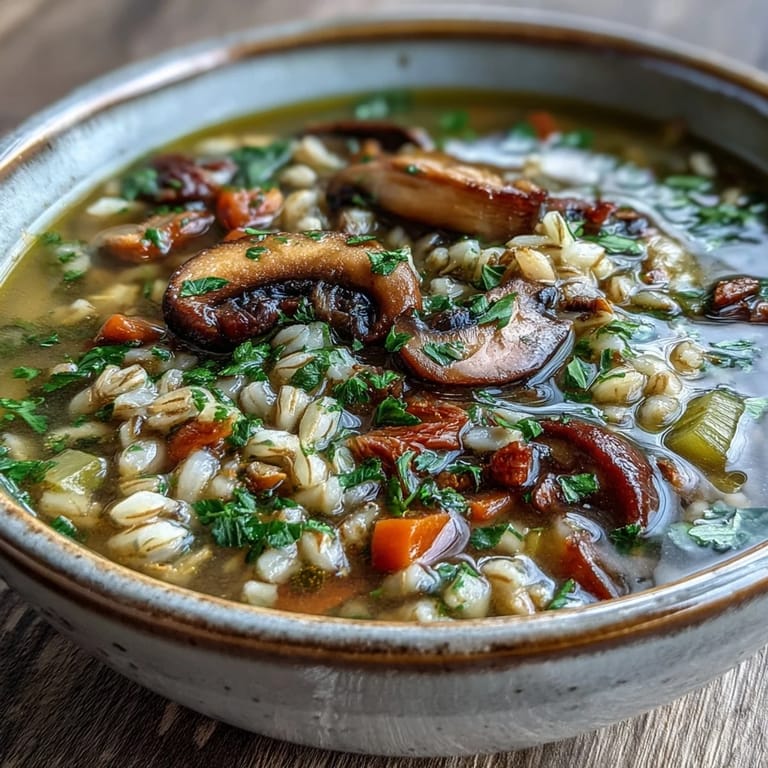 Hearty Mushroom Barley Soup in a rustic bowl, topped with fresh parsley and ground pepper for a cozy, comforting vegetarian meal.
