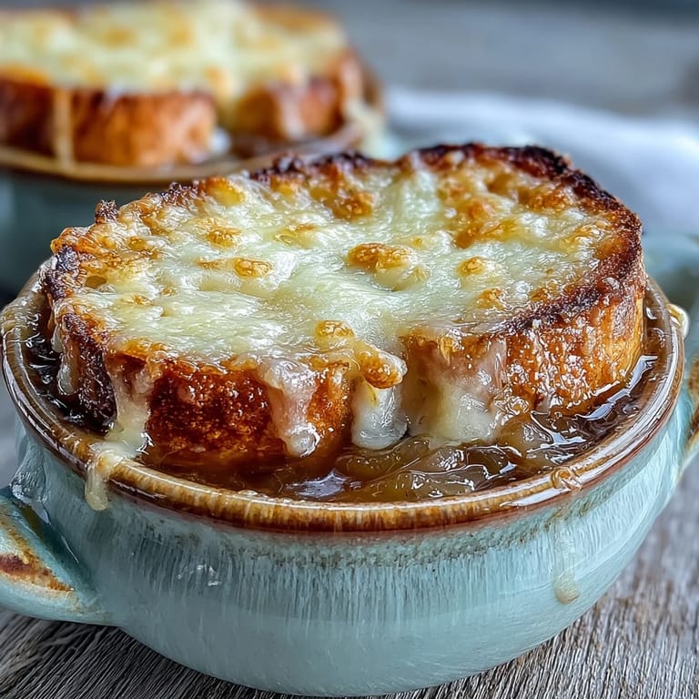 Golden, toasted baguette slices sit atop a rich Classic French Onion Soup, garnished with fresh thyme sprigs.