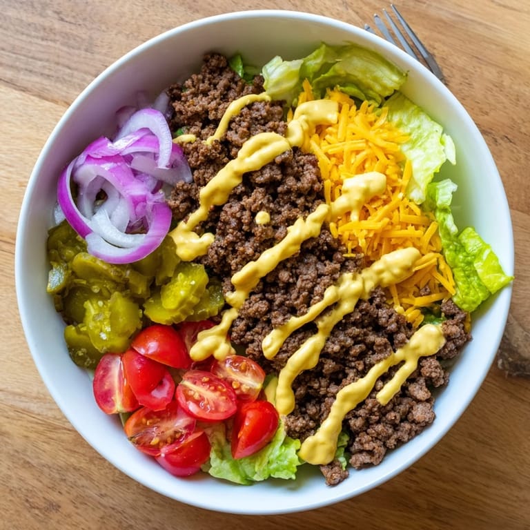 An overhead shot of Easy Big Mac in a Bowl showing a generous drizzle of special sauce over the deconstructed burger ingredients.
