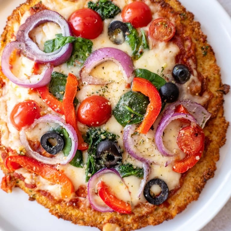 A close-up of Broccoli Chicken Crust Pizza reveals the sturdy vegetable base, thick tomato sauce, and colorful toppings like olives and cherry tomatoes.