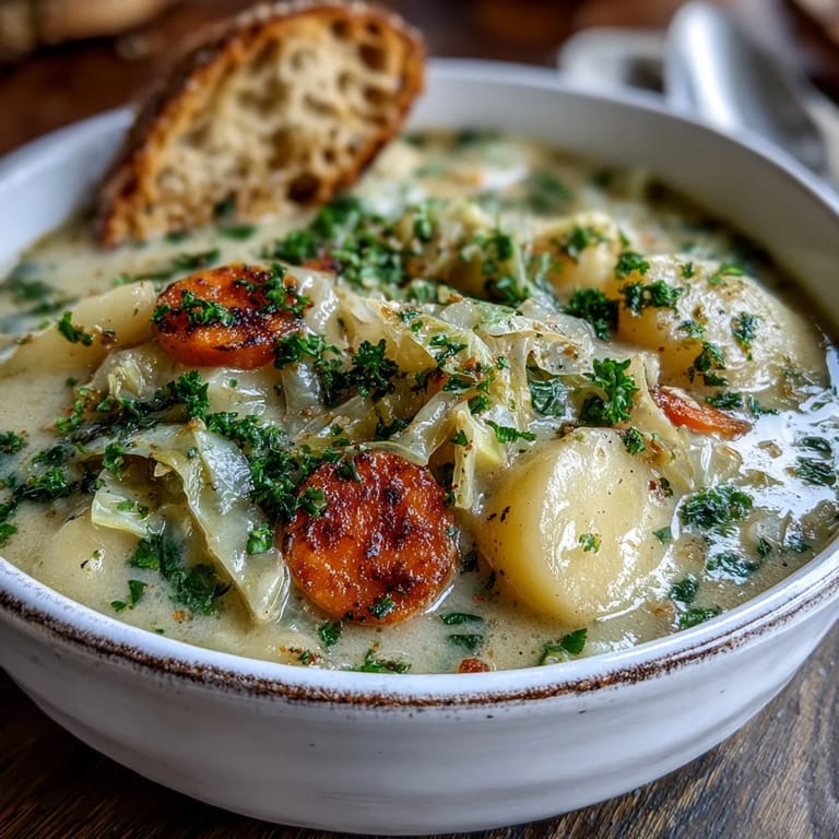 A comforting bowl of Creamy Potato Soup with Cabbage topped with fresh parsley, ready to serve with crusty bread.