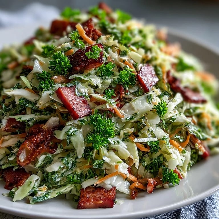 A vibrant bowl of German Cabbage Coleslaw With Shredded Ham mixed with crisp red onion, highlighting the smoky ham and glistening dressing, perfect for a gluten-free potluck or picnic.