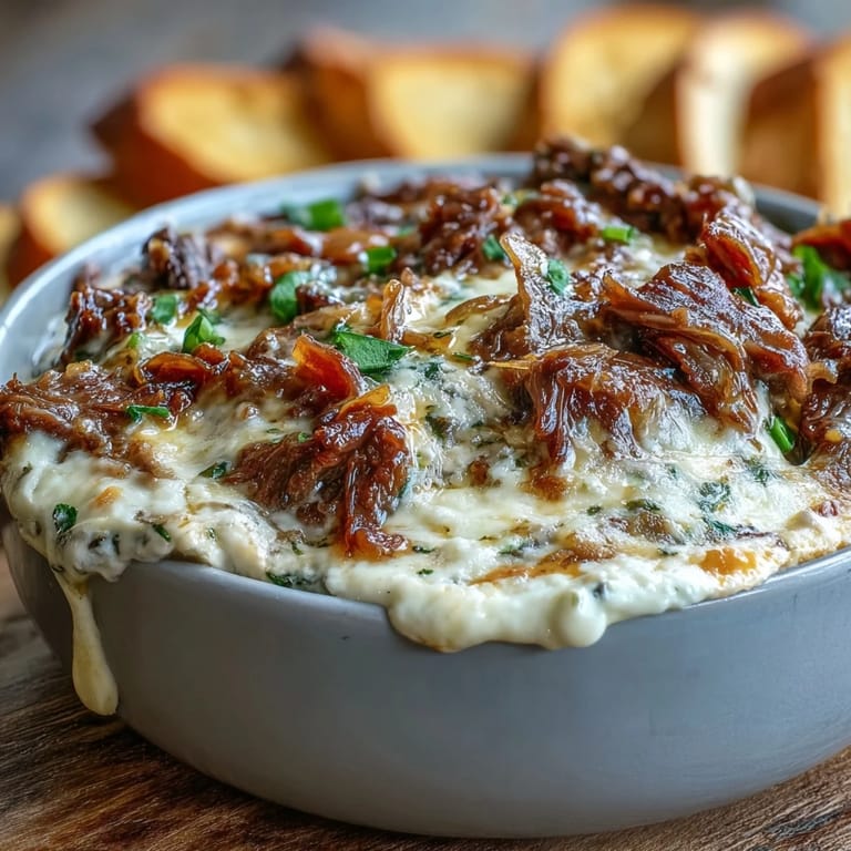 Creamy Philly Cheesesteak Dip loaded with shaved ribeye, sautéed peppers, onions, and melted provolone.