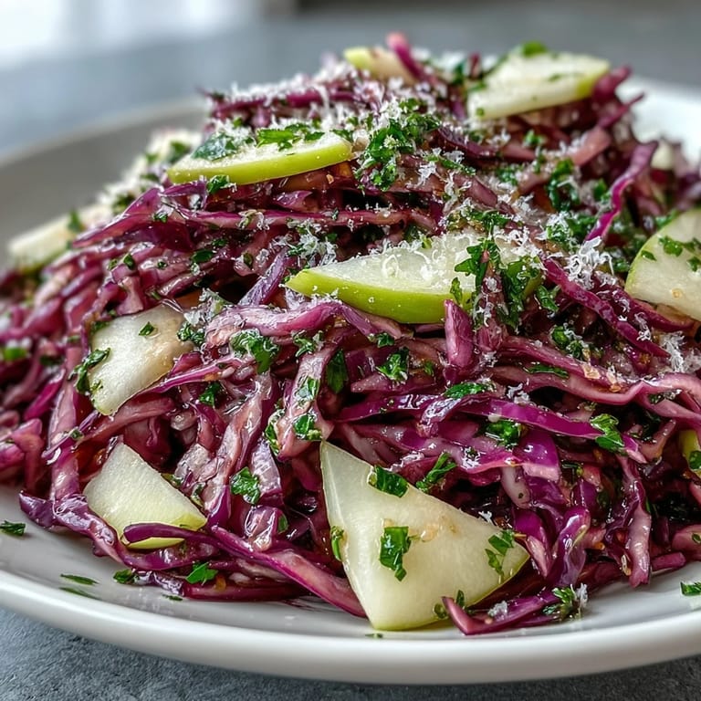 Ready to serve Red Cabbage Coleslaw With Apple and Parmesan topped with fresh parsley on a rustic wooden salad platter.