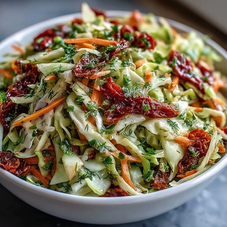 A generous serving of Cabbage Salad With Sundried Tomatoes in a clear glass salad bowl, topped with julienned carrots and spring onions, ready for a refreshing side dish.