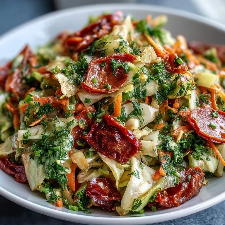 A close-up view of a crunchy Cabbage Salad With Sundried Tomatoes in a rustic ceramic bowl, featuring fresh parsley, dill, and chives for a fragrant, appetizing finish.