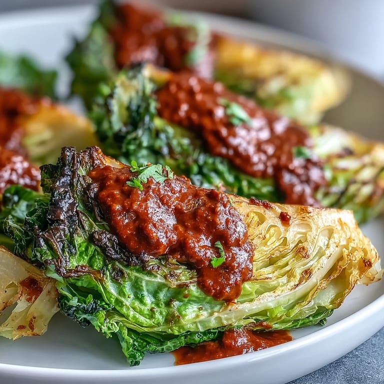 Tender cabbage wedges served warm, topped with vibrant red romesco sauce and lemon wedges for a Mediterranean-inspired dinner.