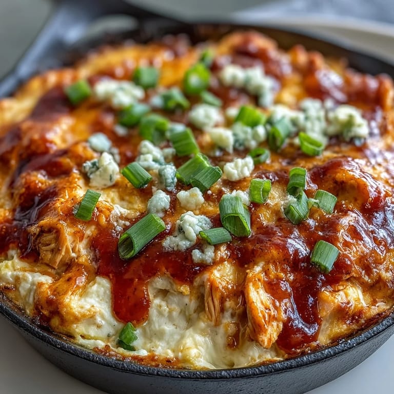 Creamy Buffalo Chicken Dip served warm with carrot sticks and blue cheese crumbles on a rustic table.