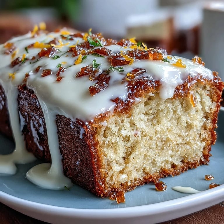 Golden Heavenly Blood Orange Yogurt Cake in a loaf pan, drizzled with zesty blood orange icing.