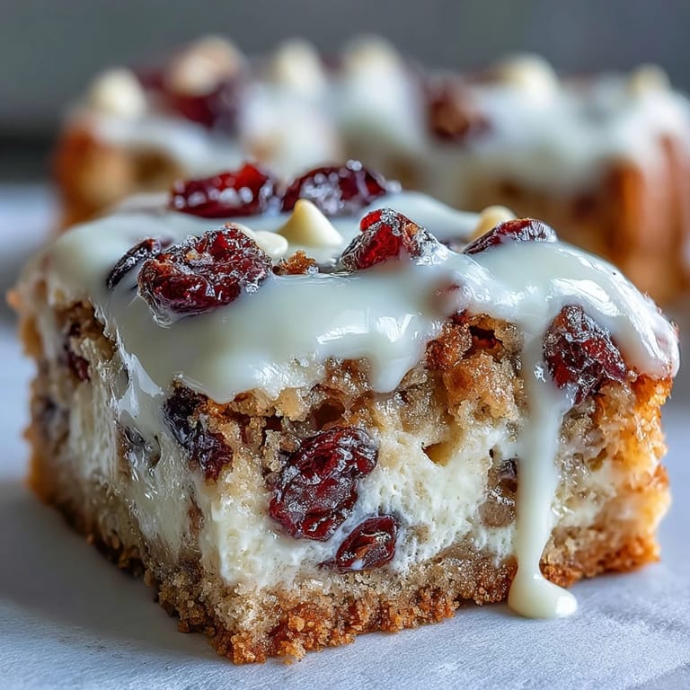 Holiday Cranberry Bliss Bars on a wire rack, creamy orange frosting and white chocolate drizzle glinting in warm light.
