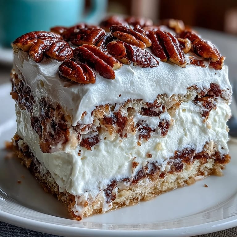 Overhead view of Butter Pecan Tres Leches Cake in a baking dish, garnished with pecans and vanilla bean.