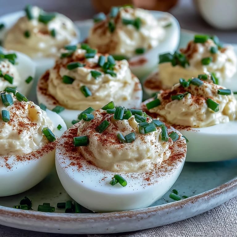 Two golden yolk-filled Million Dollar Deviled Eggs presented on a serving platter.