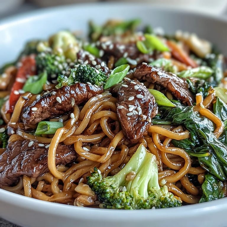 A steaming serving of Korean Beef Noodles, garnished with green onions and sesame seeds.