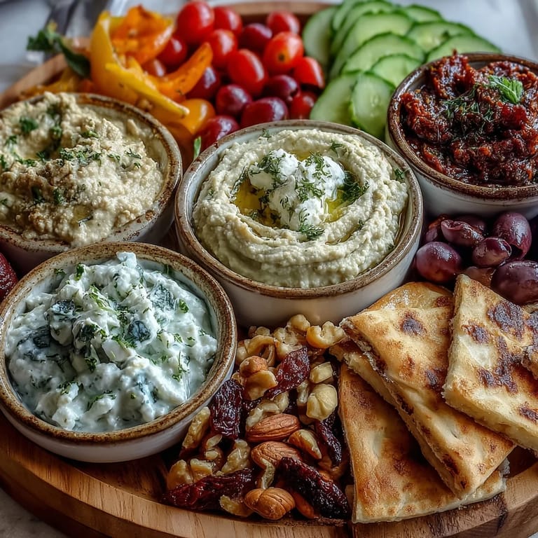 Hearty Mediterranean brunch board spread with creamy dips, briny olives, crumbled feta, crisp vegetables, and toasted flatbread triangles ready for sharing.