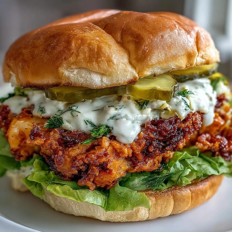 A juicy, spicy chicken sandwich with a buttery bun, crisp lettuce, and a luscious drizzle of creamy sauce perfect for game day.