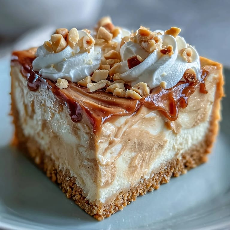 A rich slice of Nutter Butter Cheesecake topped with whipped cream and chopped peanuts.