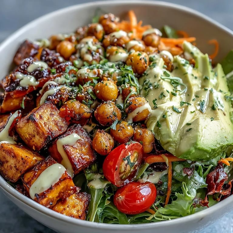 This nourishing vegan Breakfast Buddha Bowl features mixed greens, avocado, and a drizzle of tahini dressing on a white plate.
