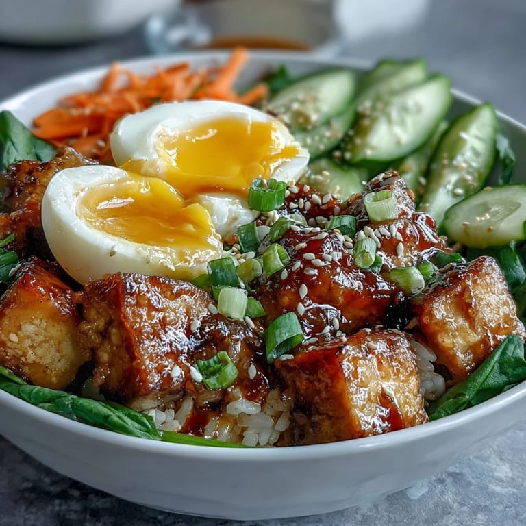 Savory Tofu Jammy Egg Breakfast Bowl featuring golden tofu, creamy jammy eggs, crisp cucumber and carrot ribbons over steamed rice with toasted sesame seeds.