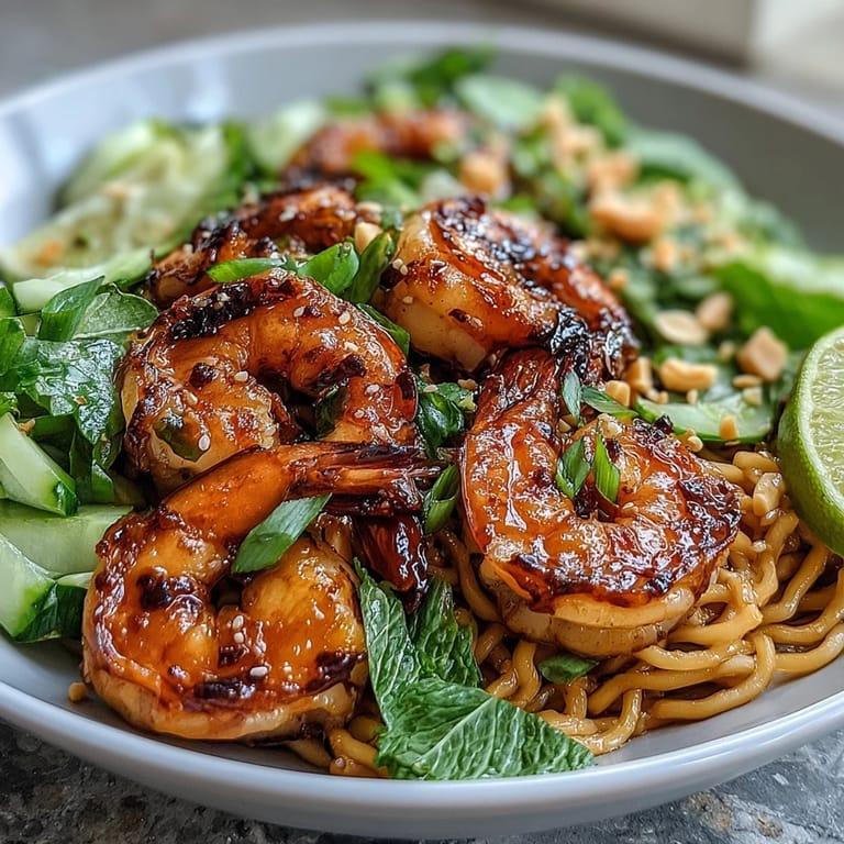 Sizzling grilled shrimp rests on sesame noodles, garnished with scallions and lime wedges.