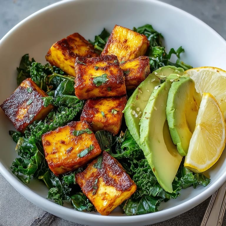 A close-up of a hearty Tofu Breakfast Bowl with Avocado and Kale, featuring golden tofu, wilted kale, and sliced avocado.