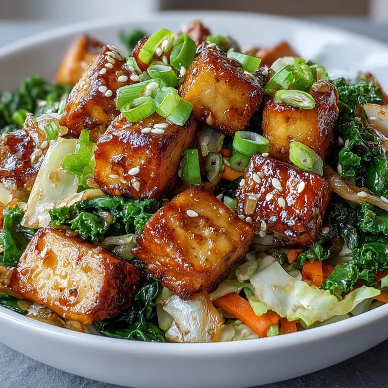 A vibrant bowl of Tofu Egg Roll in a Bowl with sautéed cabbage, kale, and carrots, served over steamed rice.  