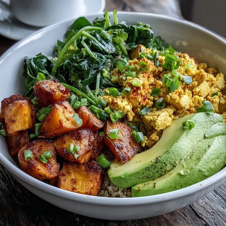 Colorful Tofu Scramble Breakfast Bowl ready to serve, featuring warm spices and a nourishing plant-based spread.