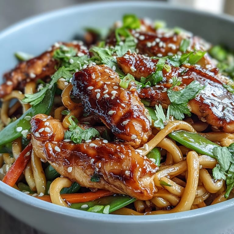 A close-up of a Sesame Chicken Noodle Bowl, garnished with toasted sesame seeds, fresh cilantro, and lime wedges.