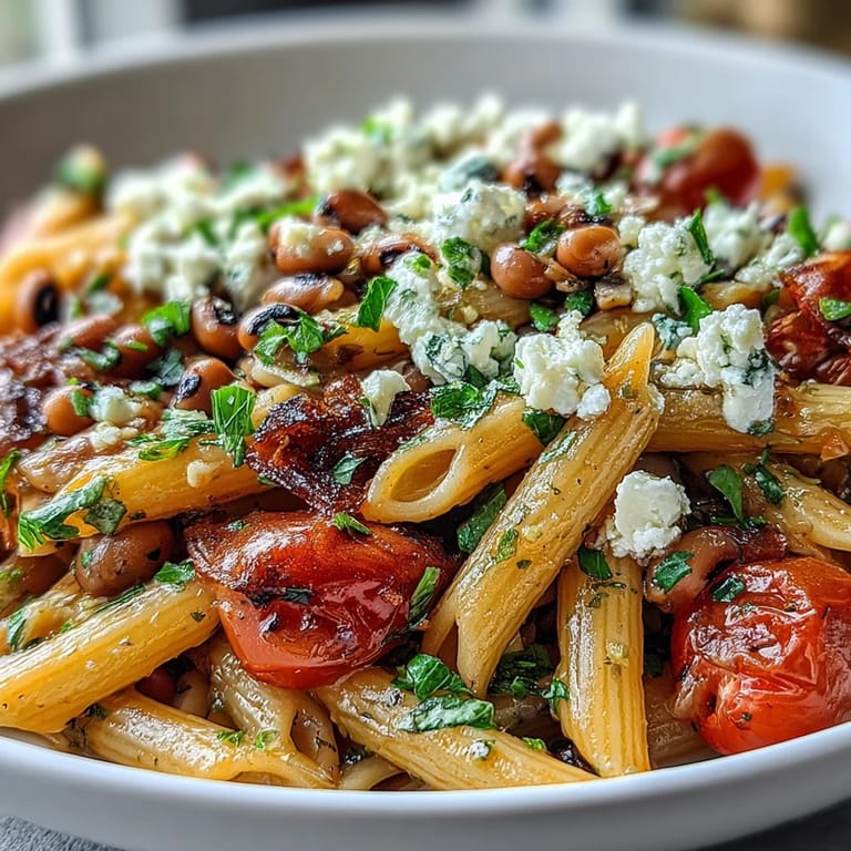 Black-Eyed Pea Pasta tossed in garlic olive oil with fresh herbs and lemon zest.