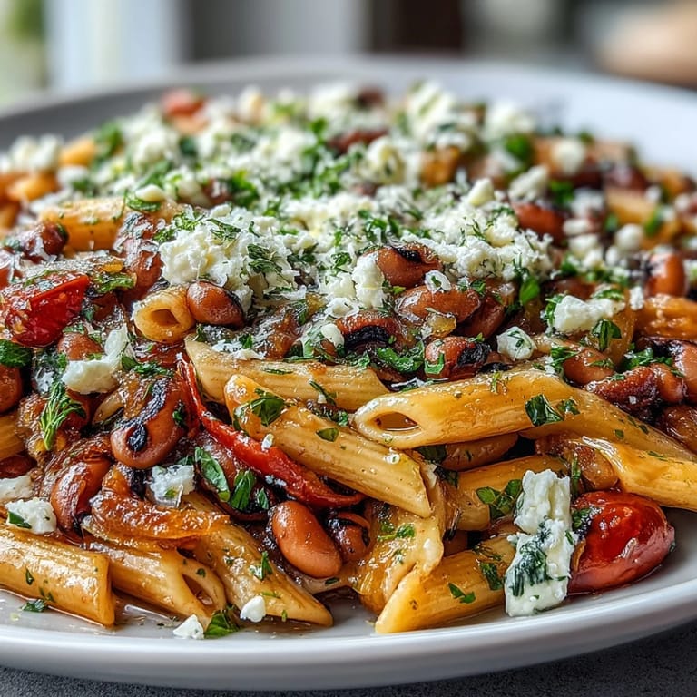 Black-Eyed Pea Pasta served in a white bowl with a light Mediterranean-style spinach topping.