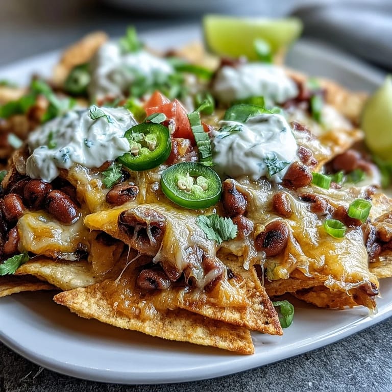 Freshly baked Black-Eyed Pea Nachos topped with sour cream, diced tomatoes, and cilantro garnish on a rustic table.